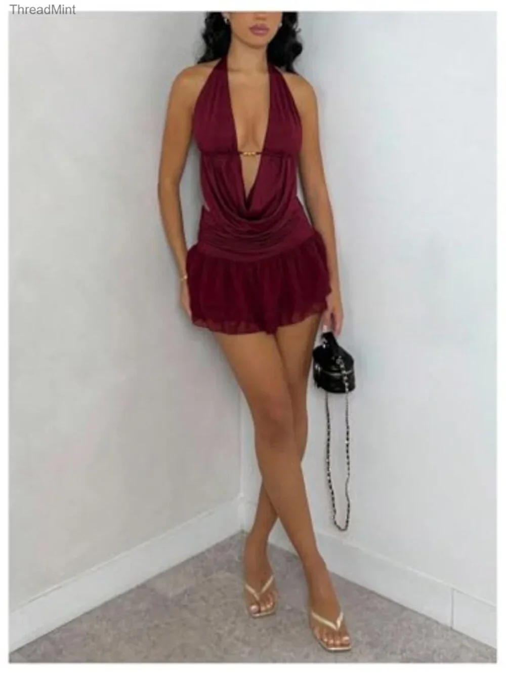 Women's 2 Piece Y2K Skirt Set Deep V Neck Halter Top Ruffle Layered Mini Skirt